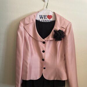 Soft pink silk jacket with coordinating black and pink polka dot skirt